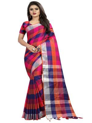Multicolor plain cotton saree with blouse 1