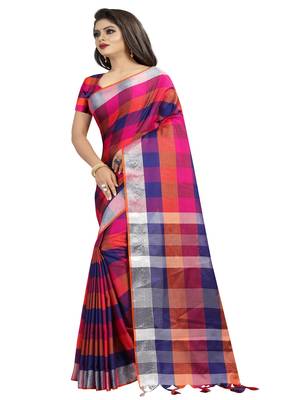 Multicolor plain cotton saree with blouse 2