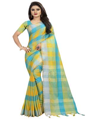 Multicolor plain cotton saree with blouse 1