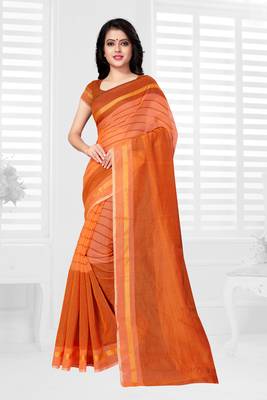 Orange hand woven cotton saree with blouse 1