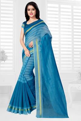 Blue hand woven cotton saree with blouse 1