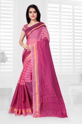 Pink hand woven cotton saree with blouse 1