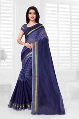 Navy blue hand woven cotton saree with blouse 1
