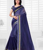 Navy blue hand woven cotton saree with blouse