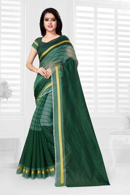 Green hand woven cotton saree with blouse 1