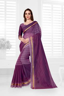 Purple hand woven cotton saree with blouse 1