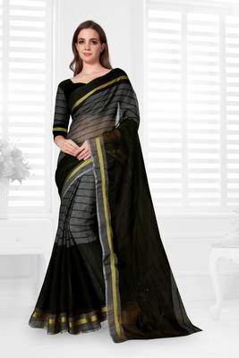 Black hand woven cotton saree with blouse 1