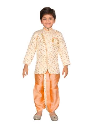 Orange printed jacquard boys-dhoti-kurta 1