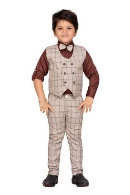 Brown printed blended cotton boys-indo-western-dress 1