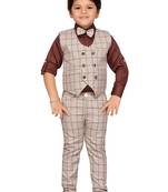 Brown printed blended cotton boys-indo-western-dress