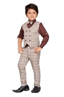 Brown printed blended cotton boys-indo-western-dress 2