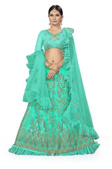 Blue Embroidered Net Semi Stitched Lehenga