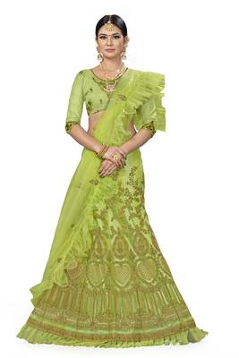 Green Embroidered Net Semi Stitched Lehenga 1