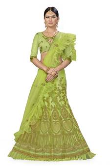 Green Embroidered Net Semi Stitched Lehenga