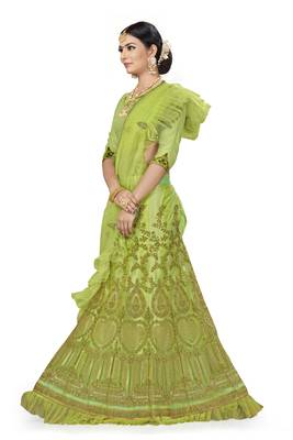 Green Embroidered Net Semi Stitched Lehenga 2