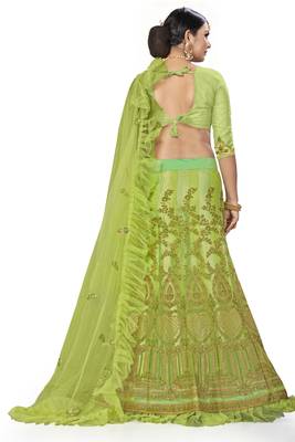Green Embroidered Net Semi Stitched Lehenga 3