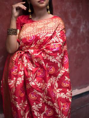 Maroon Meenakari Floral Boota Pure Katan Silk Brocade Banarasi Saree 1