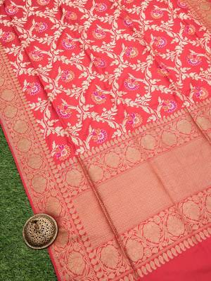 Maroon Meenakari Floral Boota Pure Katan Silk Brocade Banarasi Saree 3