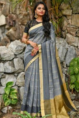 Grey Chanderi Cotton-weaving zari checks weaves saree with Blouse 1