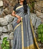 Grey Chanderi Cotton-weaving zari checks weaves saree with Blouse