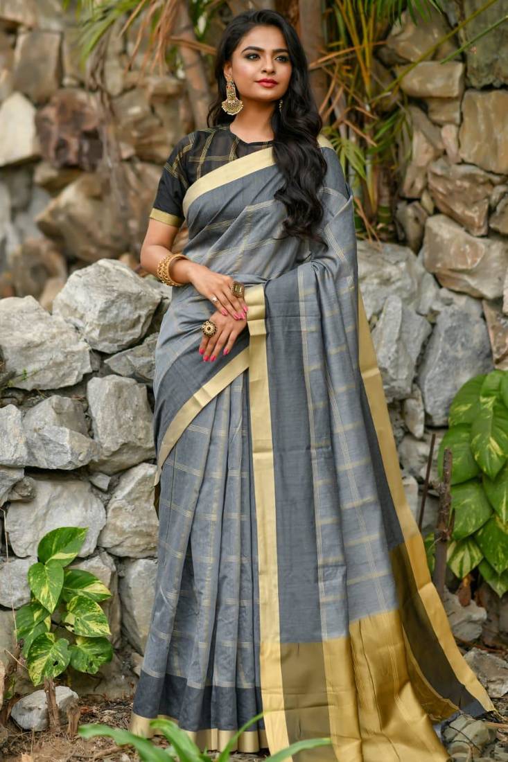 Grey Chanderi Cotton-weaving zari checks weaves saree with Blouse