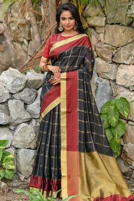 Black Chanderi Cotton-weaving zari checks weaves saree with Blouse 1