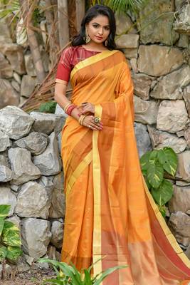 Orange Chanderi Cotton-weaving zari checks weaves saree with Blouse 1