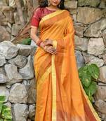 Orange Chanderi Cotton-weaving zari checks weaves saree with Blouse