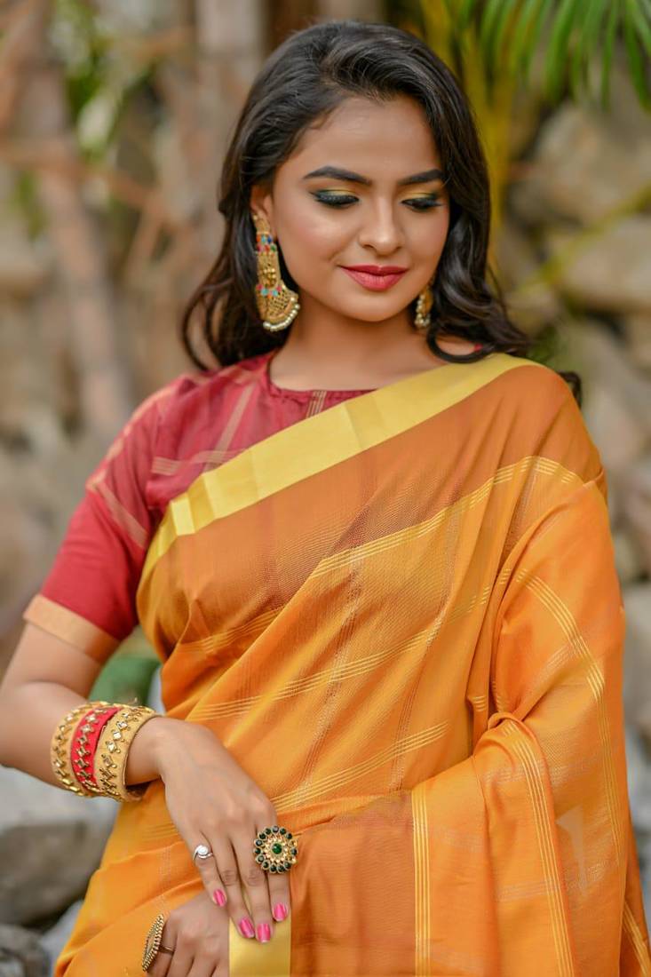 Orange Chanderi Cotton-weaving zari checks weaves saree with Blouse