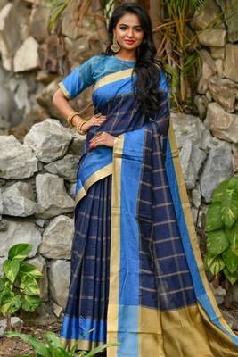Navy Blue Chanderi Cotton-weaving zari checks weaves saree with Blouse 1