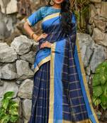 Navy Blue Chanderi Cotton-weaving zari checks weaves saree with Blouse
