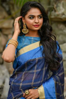 Navy Blue Chanderi Cotton-weaving zari checks weaves saree with Blouse 2