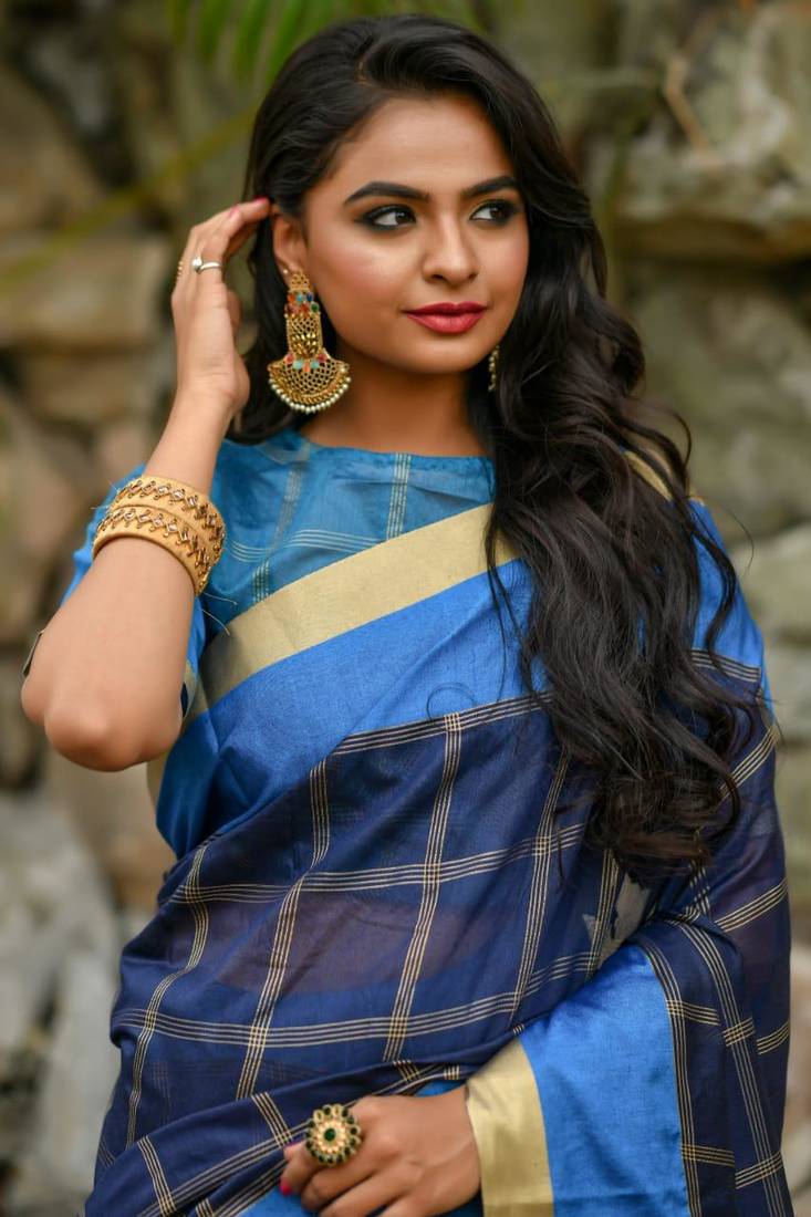 Navy Blue Chanderi Cotton-weaving zari checks weaves saree with Blouse
