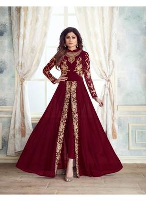 Maroon Georgette Embroidered Work Semi Stitched Pakistani Suit 1