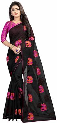 Black Women's Embroidery Work Chanderi Cotton Sari With Blouse Piece 1