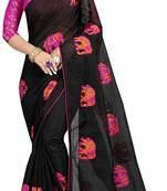 Black Women's Embroidery Work Chanderi Cotton Sari With Blouse Piece