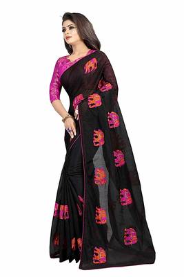 Black Women's Embroidery Work Chanderi Cotton Sari With Blouse Piece 3