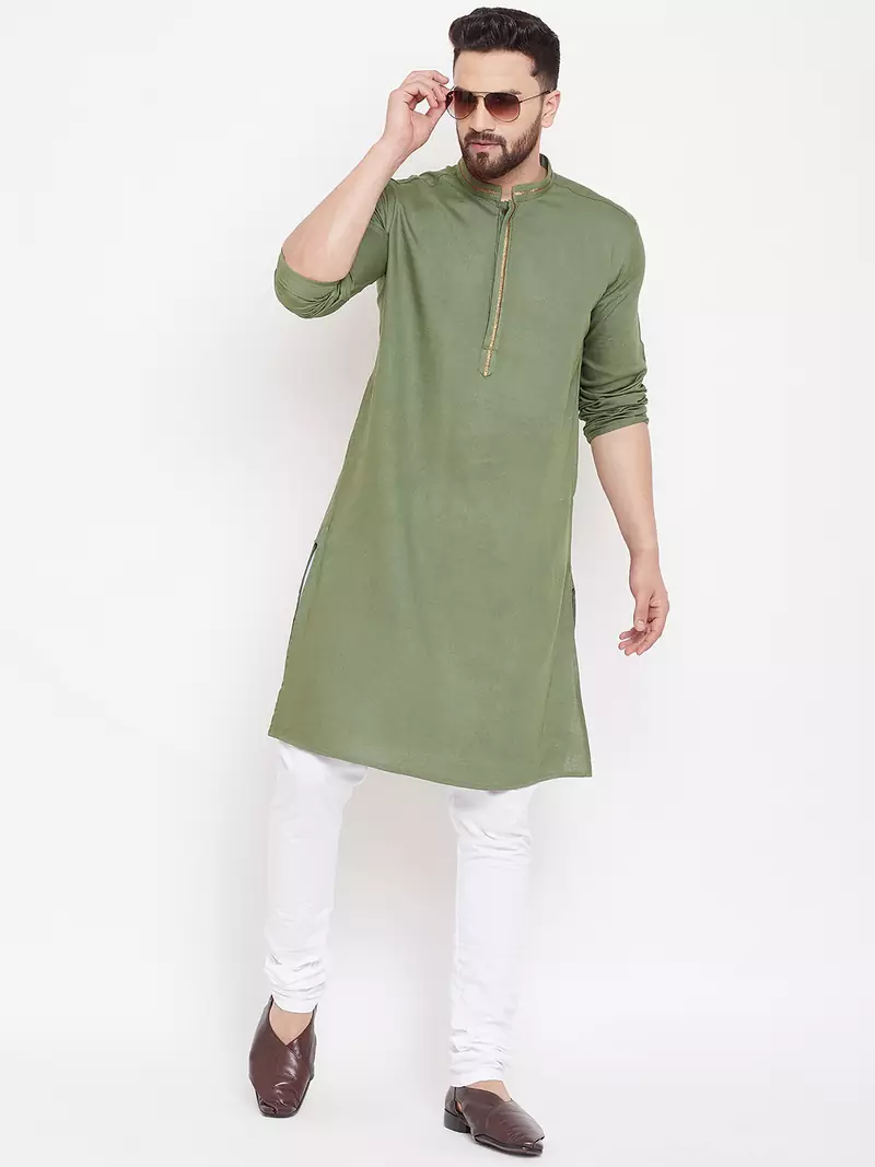 Green woven linen men-kurtas