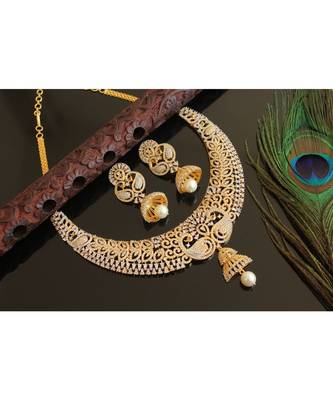 Gorgeous Gold Plated Cz Diamond Design Replica Peacock Bridal Choker Necklace Set 1