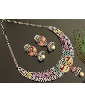 Gorgeous Oxidised Silver Cz Ruby Emerald Diamond Design Replica Peacock Bridal Choker Necklace Set 1