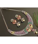 Gorgeous Oxidised Silver Cz Ruby Emerald Diamond Design Replica Peacock Bridal Choker Necklace Set