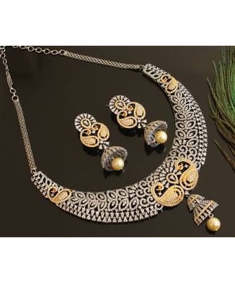 Gorgeous Oxidised Silver Cz Diamond Design Replica Peacock Bridal Choker Necklace Set 1