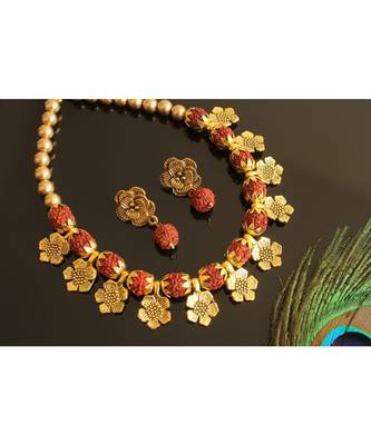 Beautiful Gold Tone Brown Rudhra Ball Necklace Set 1