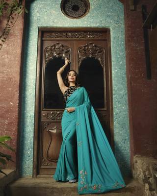 Turquoise printed Chanderi saree with blouse 1