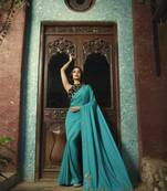 Turquoise printed Chanderi saree with blouse