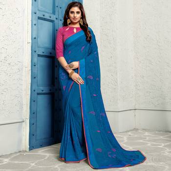 Blue woven Chiffon saree with blouse 1