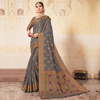 Grey woven Cotton Blend saree with blouse 1