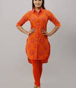 Women's Orange Cotton Slub Buta Printed Straight Kurta