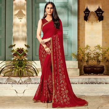 Red printed Georgette saree with blouse 1
