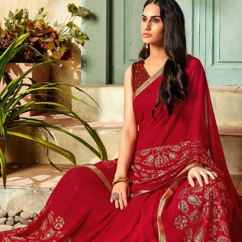 Red printed Georgette saree with blouse 2